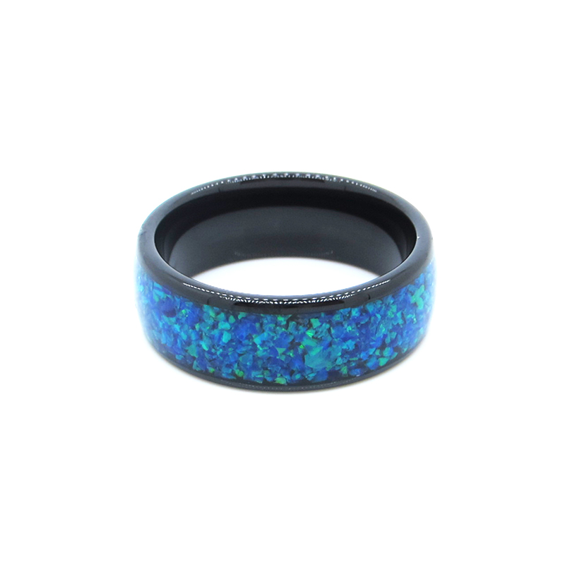 8mm Black Tungsten Ring Blue Opal Inlay Wedding Bands