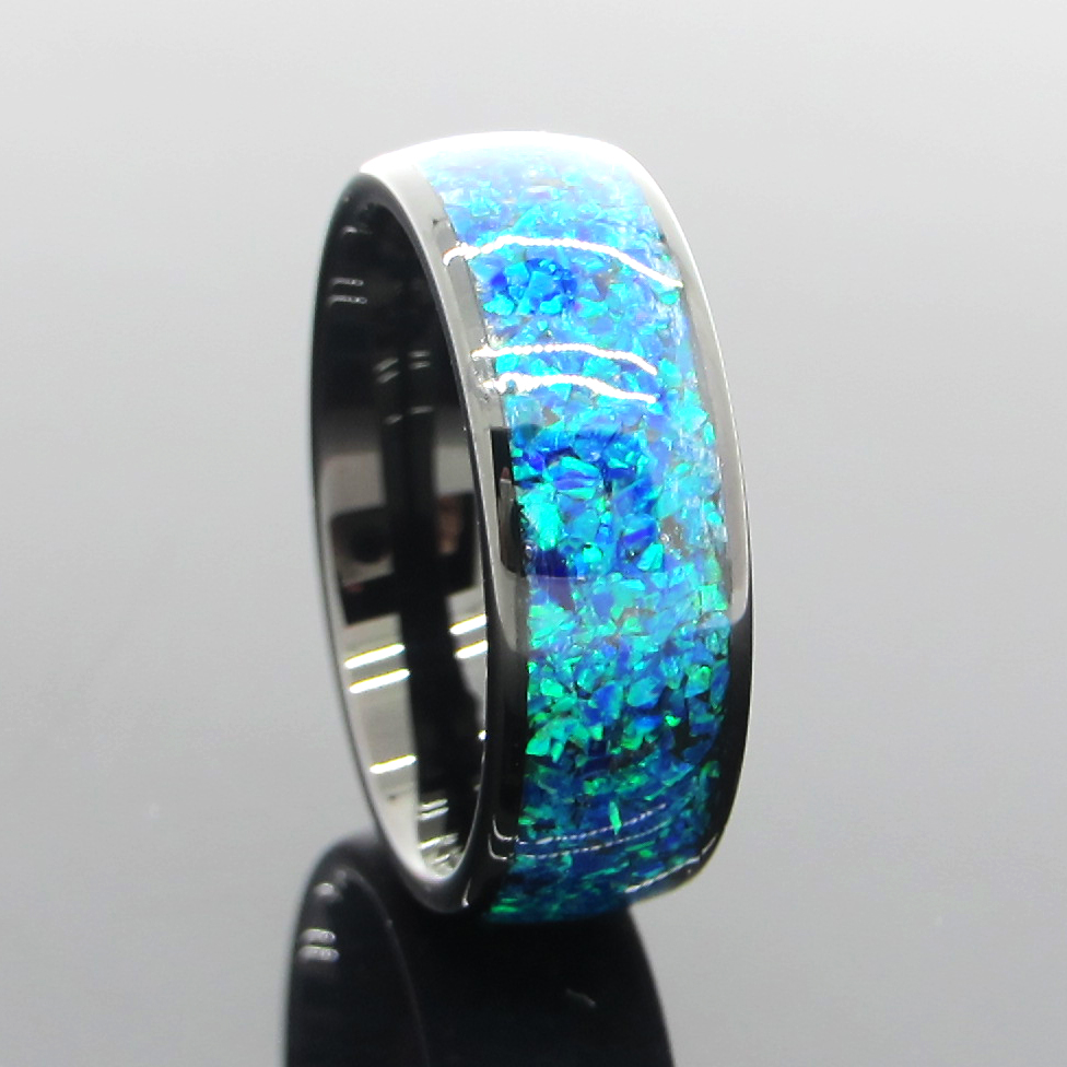 8mm Black Tungsten Ring Blue Opal Inlay Wedding Bands