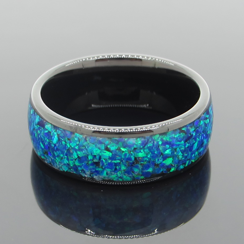 8mm Black Tungsten Ring Blue Opal Inlay Wedding Bands