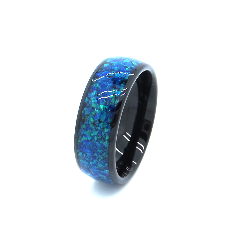 8mm Black Tungsten Ring Blue Opal Inlay Wedding Bands