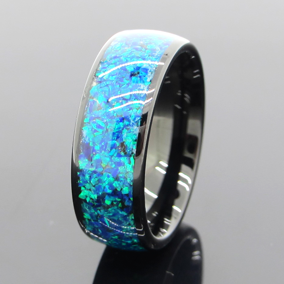 8mm Black Tungsten Ring Blue Opal Inlay Wedding Bands