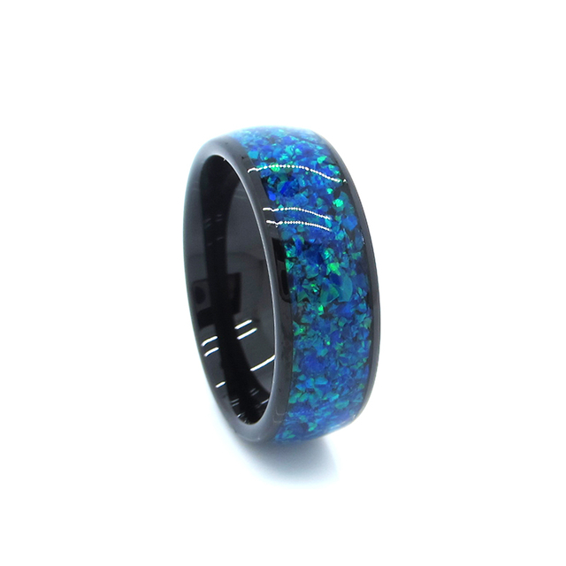 8mm Black Tungsten Ring Blue Opal Inlay Wedding Bands