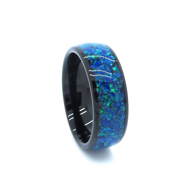 8mm Black Tungsten Ring Blue Opal Inlay Wedding Bands