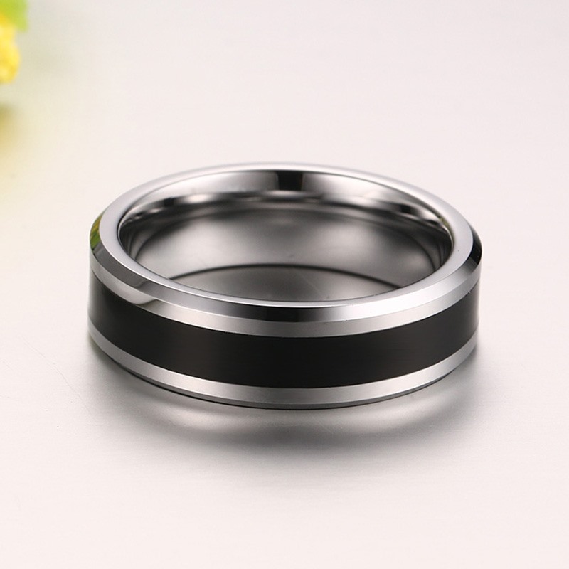 6mm Plain Silver And Black Enamel Men Tungsten Carbide Ring