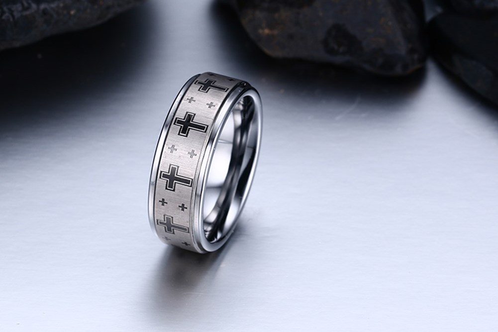 Men's Tungsten Steel Repeating Cross Design Statement Ring