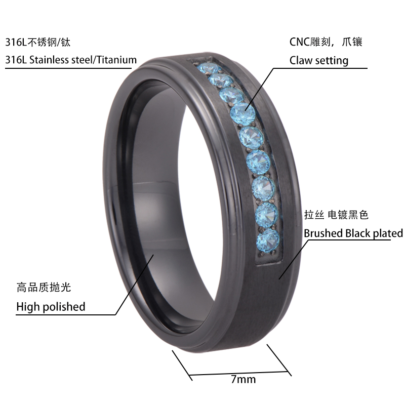 8mm Blue CZ Men's Stainless Steel Step Edge Wedding Band with Black Finish