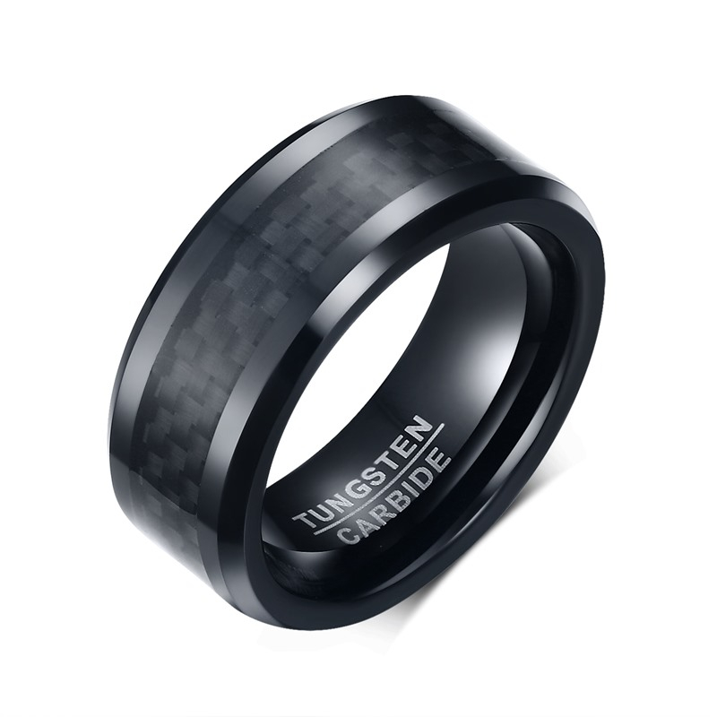 Fashion Punk Men's Tungsten Carbide Rings 8MM Black Carbon Fiber Inlay and Beveled Edges Wedding Ring for Lovers