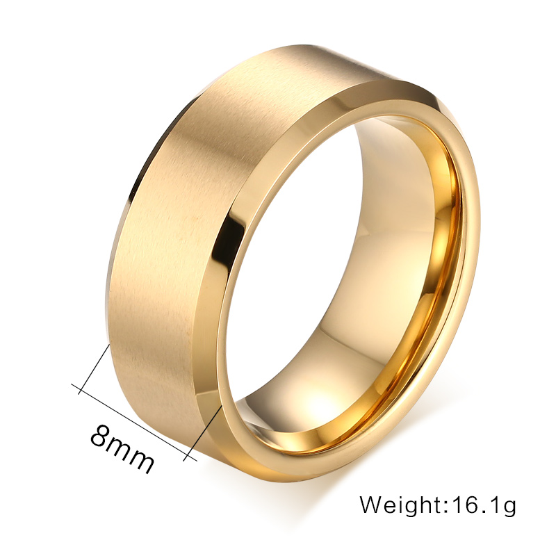 8mm Classic Simple Plain Brushed Gold Tungsten Ring With Polished Beveled Edge