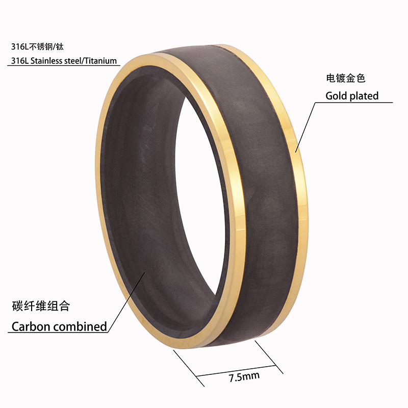 New Fashion Two Tones Color Carbon Fiber Stainless Steel Titanium Combined Rings