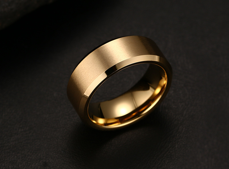 8mm Classic Simple Plain Brushed Gold Tungsten Ring With Polished Beveled Edge