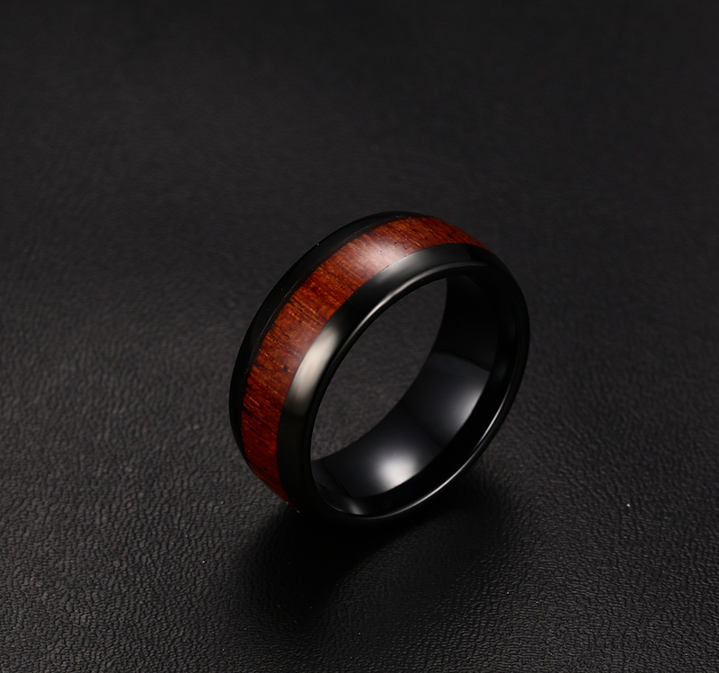 8mm Black Tungsten Carbide Wedding Ring for Women with Koa Wood Inlay Domed Wedding Band Engagement Ring