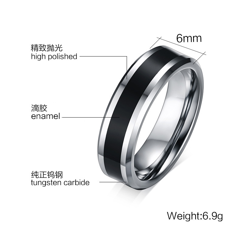 6mm Plain Silver And Black Enamel Men Tungsten Carbide Ring