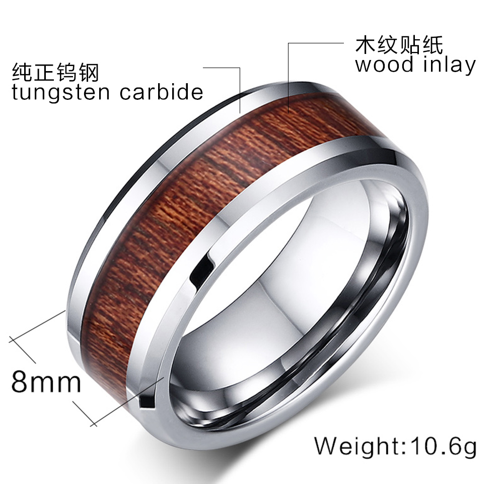 Tungsten Carbide Genuine Natural Hawaiian Koa Wood Tree Inlay Comfort Fit Ring