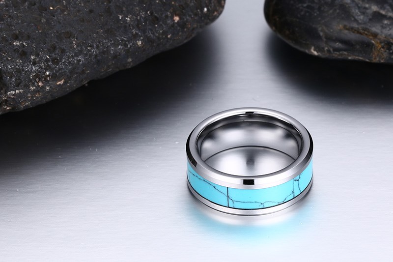 Tungsten Ring Turquoise Inlay Wedding Band for Men Beveled Edges Comfort Fit