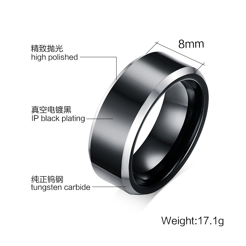 8MM Pure Tungsten Steel Ring Trendy Black Color Male's Rings Boyfriend Gift