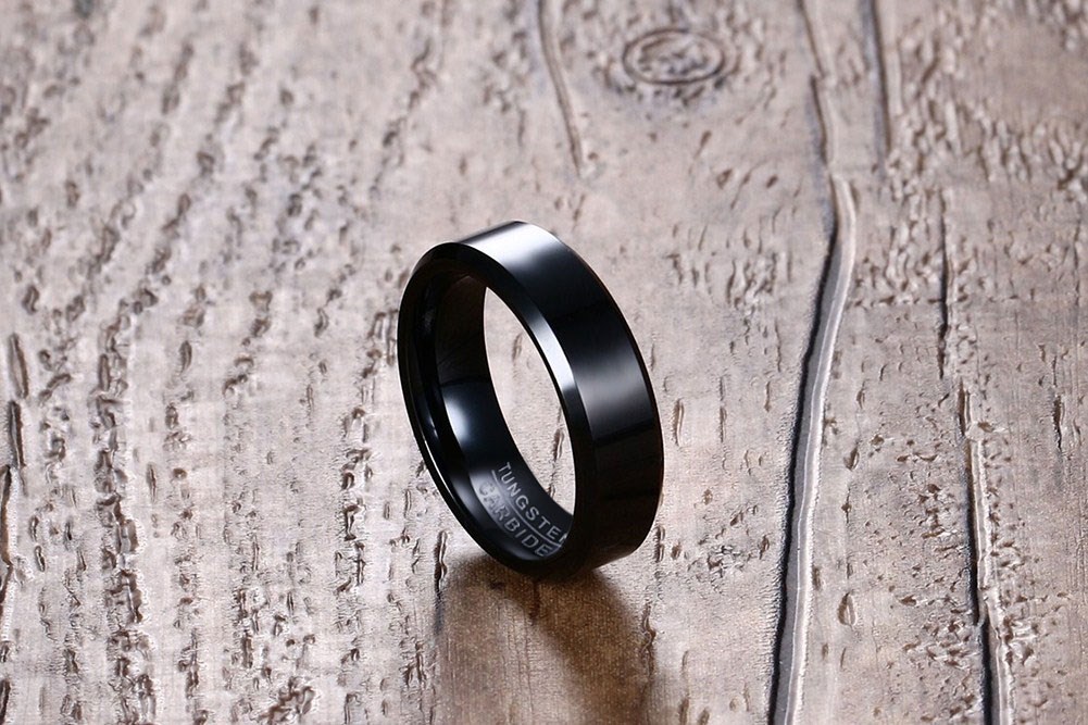 6mm Black Tungsten Carbide Ring Mens Womens Wedding Bands High Polished Beveled Edges