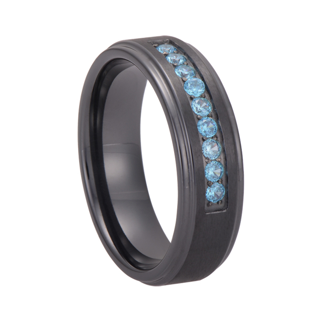 8mm Blue CZ Men's Stainless Steel Step Edge Wedding Band with Black Finish