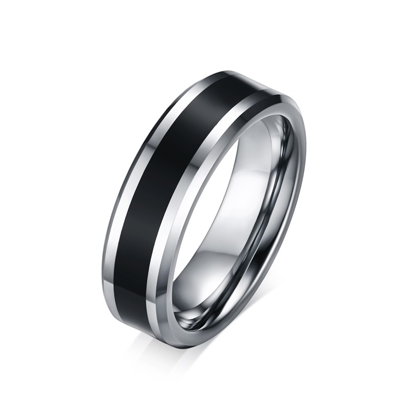 6mm Plain Silver And Black Enamel Men Tungsten Carbide Ring