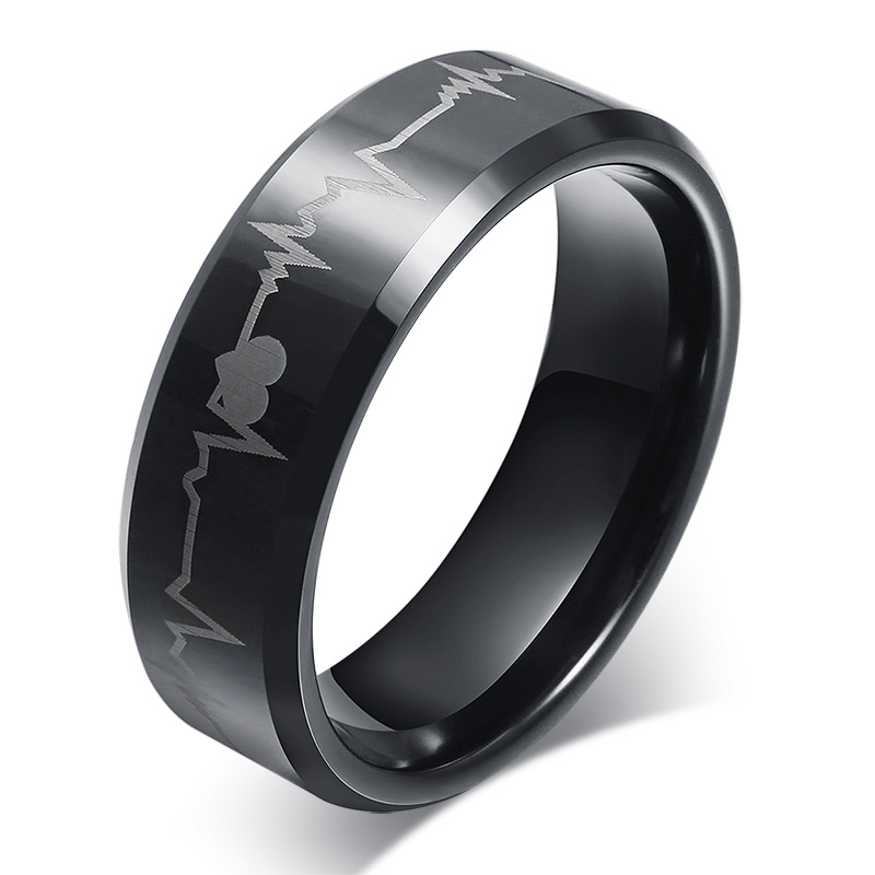 8mm PVD Black Plated Tungsten Ring Heartbeat Design Band