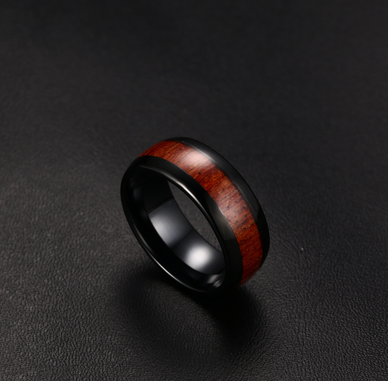 8mm Black Tungsten Carbide Wedding Ring for Women with Koa Wood Inlay Domed Wedding Band Engagement Ring