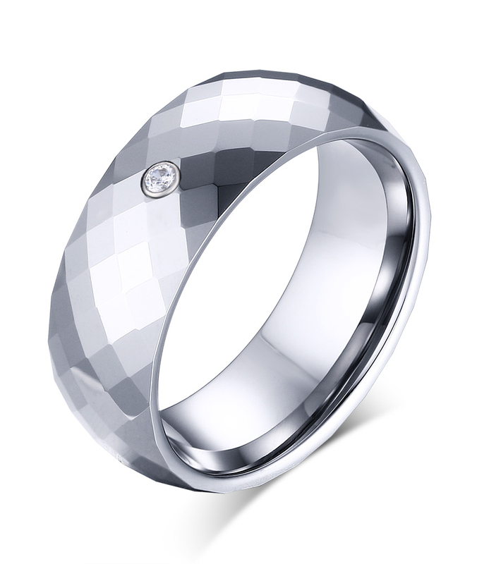  8mm Shiny Diamond Cut Faceted CZ Silver Tungsten Ring