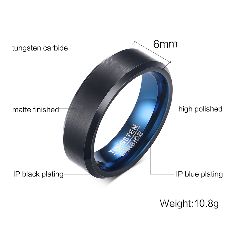 6mm Black Matte Finish Men's Tungsten Ring High Polished Beveled Edge Tungsten Carbide Wedding Bands