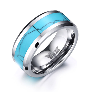 Tungsten Ring Turquoise Inlay Wedding Band for Men Beveled Edges Comfort Fit