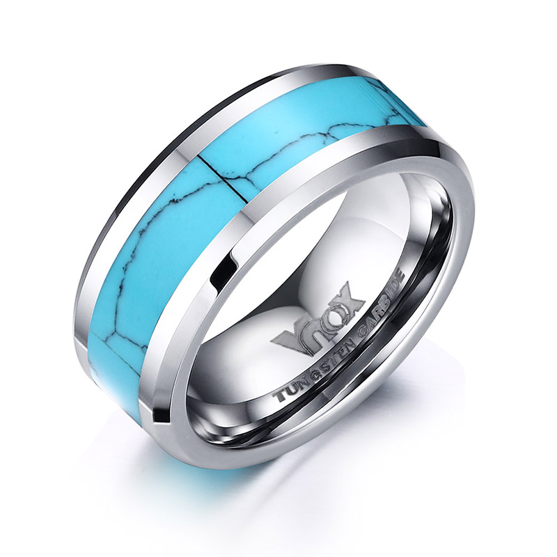 Tungsten Ring Turquoise Inlay Wedding Band for Men Beveled Edges Comfort Fit