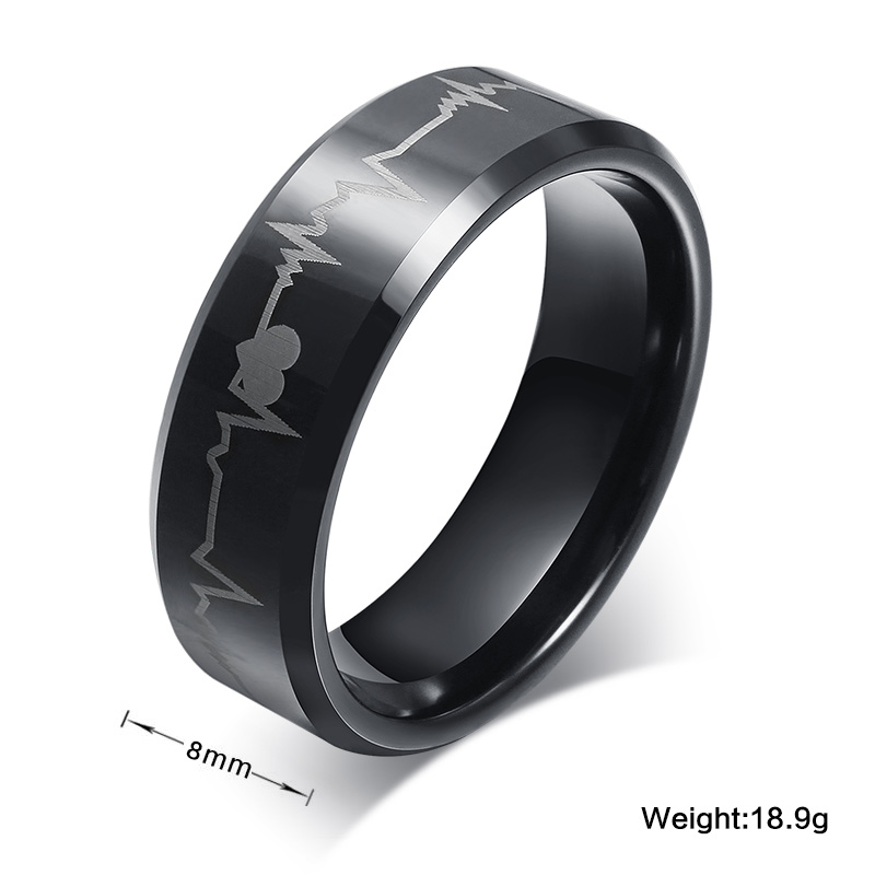 8mm PVD Black Plated Tungsten Ring Heartbeat Design Band