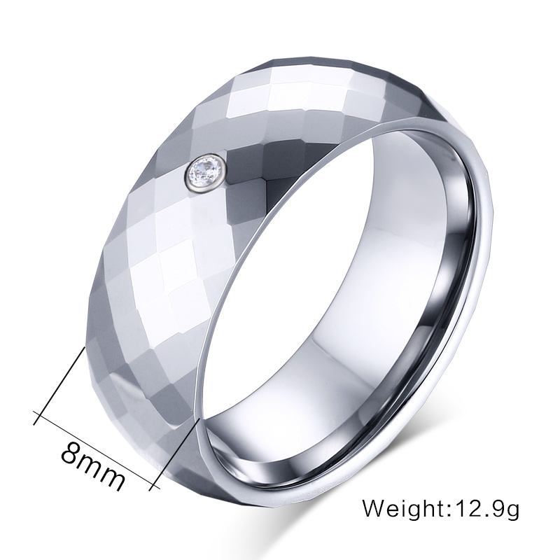  8mm Shiny Diamond Cut Faceted CZ Silver Tungsten Ring