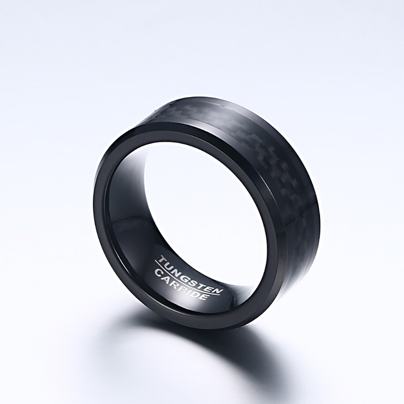 Fashion Punk Men's Tungsten Carbide Rings 8MM Black Carbon Fiber Inlay and Beveled Edges Wedding Ring for Lovers