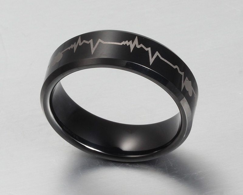 8mm PVD Black Plated Tungsten Ring Heartbeat Design Band