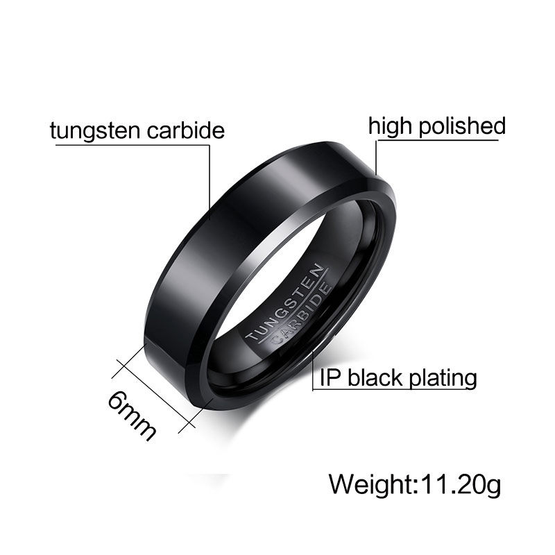 6mm Black Tungsten Carbide Ring Mens Womens Wedding Bands High Polished Beveled Edges