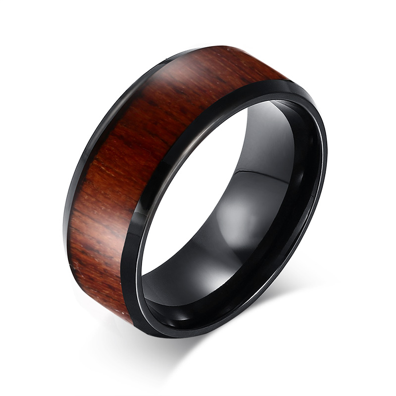 8mm Black Tungsten Carbide Wedding Ring for Women with Koa Wood Inlay Domed Wedding Band Engagement Ring