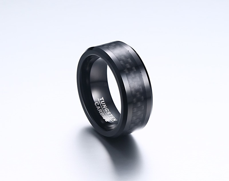 Fashion Punk Men's Tungsten Carbide Rings 8MM Black Carbon Fiber Inlay and Beveled Edges Wedding Ring for Lovers