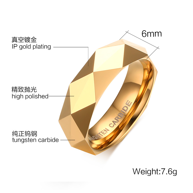 High Quality Tungsten Carbide Stainless Steel Faceted Gold PVD Plating Men Jewelry Rings