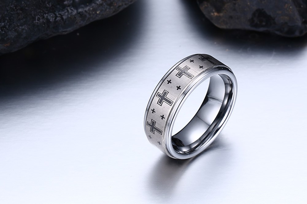 Men's Tungsten Steel Repeating Cross Design Statement Ring