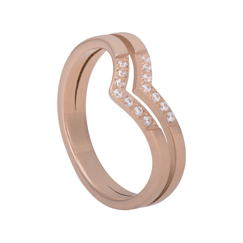 Fashion Stainless Steel Titanium Double V-shaped Rose Gold Plated Crystal Ring For Woman